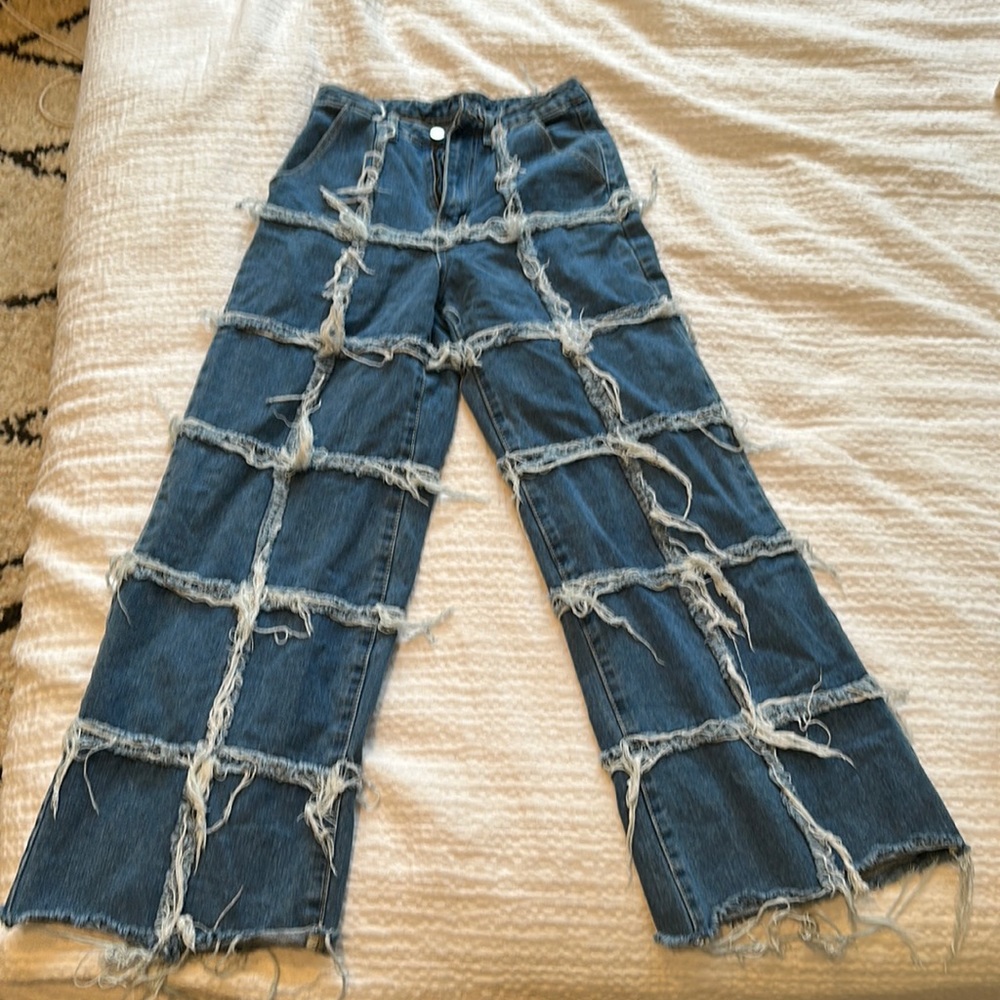Vintage Y2K style patchwork grid fray high rise wide leg jeans 27 ✌️💙